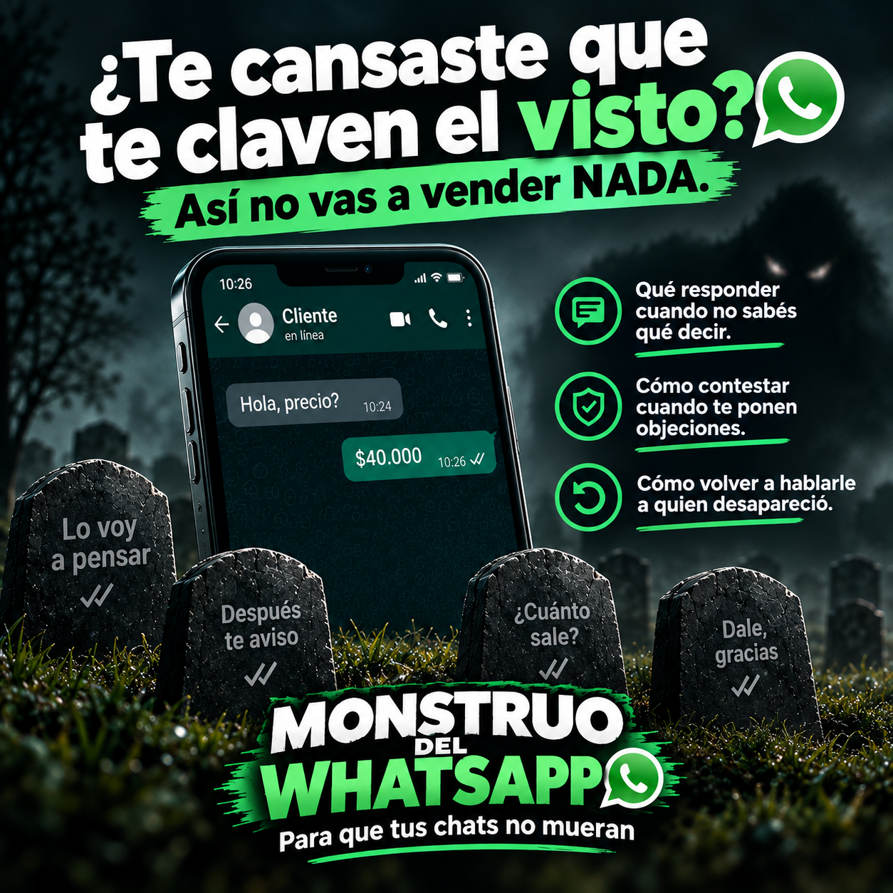 Ebook Monstruo del WhatsApp con 50 mensajes para mejorar las ventas y convertir consultas en clientes